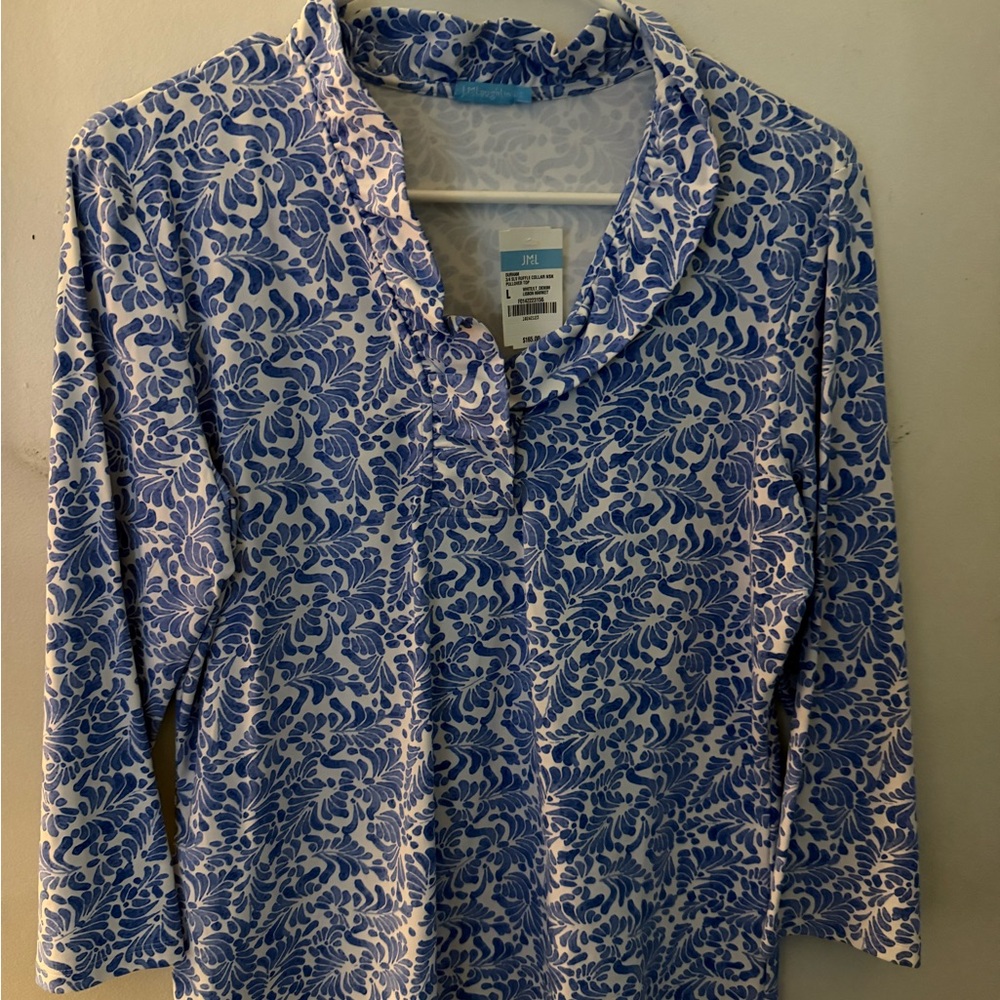 J. McLaughlin Blue and White Floral Blouse